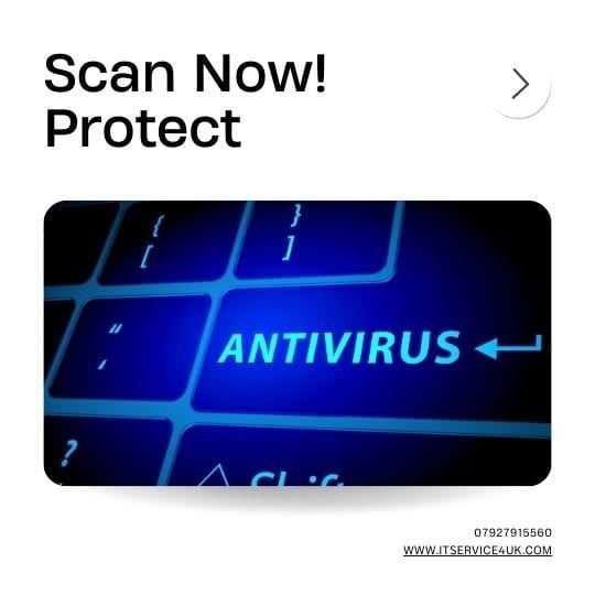 Computer displaying antivirus scan in progress. this is picture of the text antivirus on the blue screen 