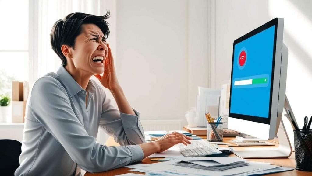 laod computer showing upset technician 