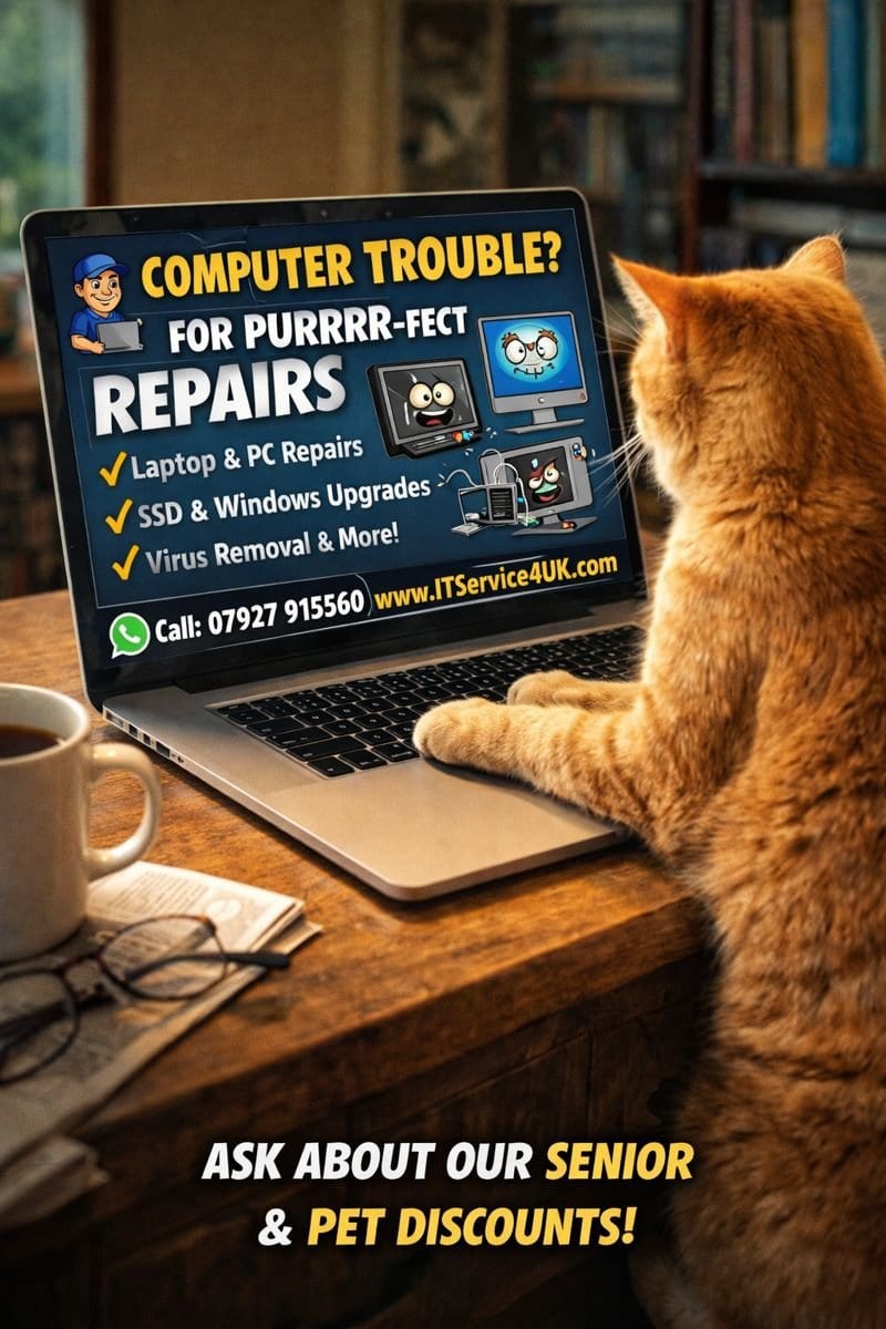 Cat at a laptop next to a computer repair advert