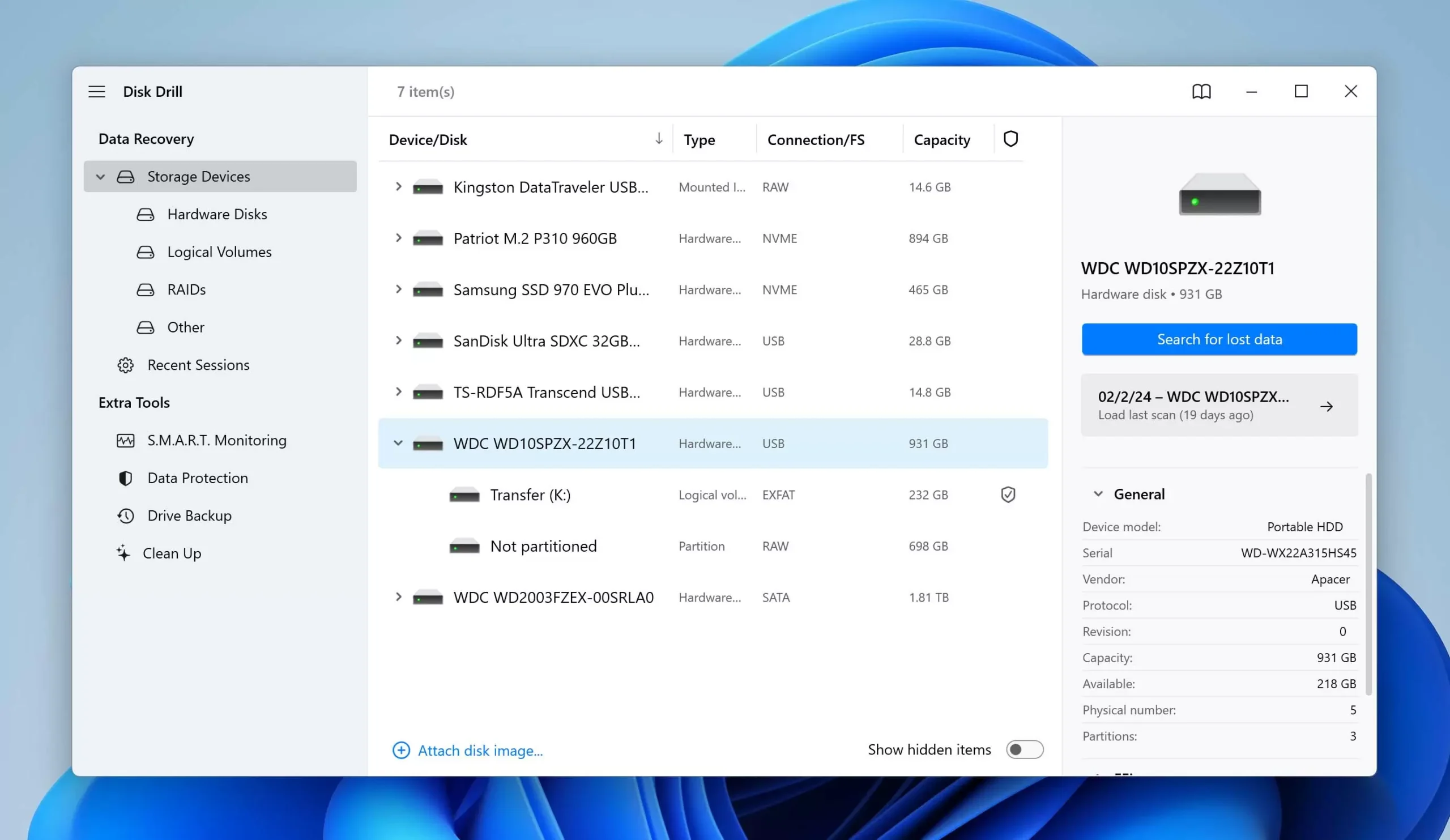 Data recovery software showing a list of drives